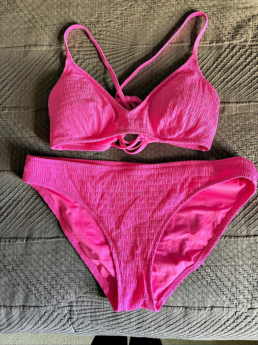 Aerie Banded Plunge Smocked Bikini Top and Matching Bottom Pink Medium